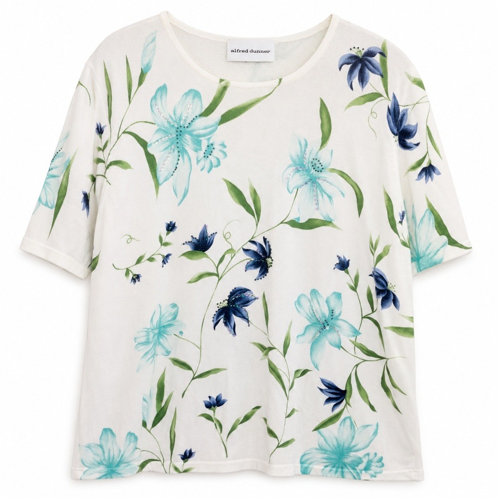 Alfred Dunner Floral Knit Top Womens XL White Blue Excellent Sequin Beaded Tee